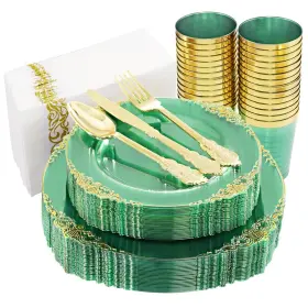 Hioasis 769818495490 175pcs Clear Green Plastic Plates - Gold Disposable Incl