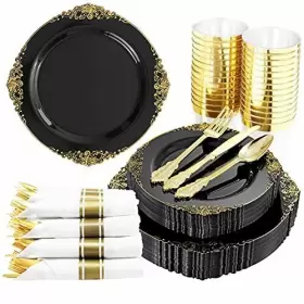 Hioasis 769818681534 350pcs Black And Gold Plastic Plates With Silverware For 50 Gues