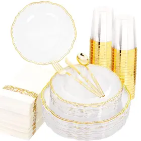 Hioasis 769818700136 175pcs Clear Gold Plastic Plates&gold Silverware With Gl