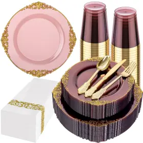 Eu175-ec01-p Hioasis 175pcs Burgundy And Gold Plates - Party For 25 Guest Include