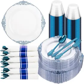 Eu175-ec02-np Hioasis 175pcs Clear And Blue Plates - Party For 25 Guest Include 50 Hea