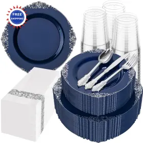 Eu350-ec02-p Hioasis Blue And Silver Plates 350pcs 50 Guest Party Cutlery Set Napkins Cups