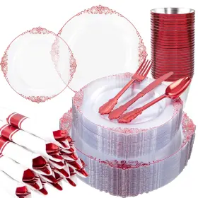 Rpp0103 Hioasis 350pcs Clear And Red Plastic Plates Dinnerware Set For 50 Guests
