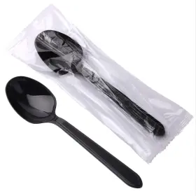 Hokeding 682863388046 6 Inch Spoons Plastic Disposable Black Individually Wrapped 100 Pa