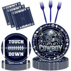 B0300420 Hokinaa Cowboy Football Party Decorations - 96 Pcs Blue American Rugby Tableware Set