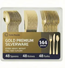 Home Breeze 850026663747 144 Pack Gold Premium Heavy Duty Plastic Silverware 48 Forks Spoons Kni