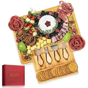Home Euphoria 619775272859 Bamboo Cheese Board And Knife Set - Beautiful Charcuterie For Wine Che