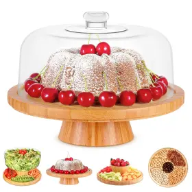 Homeries 850026262261 Bamboo Cake Stand With Lid Plate 6 In 1