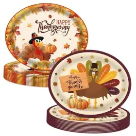 Supplies-01 Homes Party 50pcs Thanksgiving Oval Paper Plates Fall Leaf Pumpkin Happy