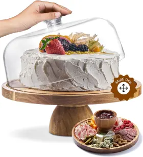 Homesphere 850031079090 Acacia Wood Cake Stand With Lid - 12in Round Holder 2-in-1 Brown