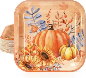 Fall-224 Homlouue Fall Pumpkin And Sunflower Paper Plates 50pcs 9 Inch Medium Orange