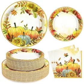 Homlouue 336 200 Pcs Fall Paper Plates Napkins Set - Sunflower Pumpkin Design