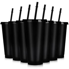Hooqict P-sfb-blk-7 7 Sets Reusable Cups With Lids And Straws 24 Oz Plastic Tumblers Blac