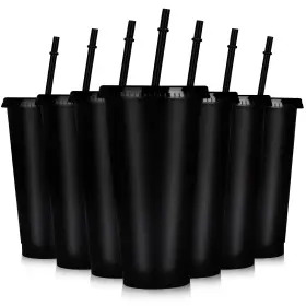 P-sfb-blk-7 Hooqict 7 Sets Reusable Cups With Lids And Straws 24 Oz Plastic Tumblers Blac