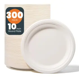 Tm-p102 Hooray Mida 100% Compostable Paper Plates - 10 Inch Bulk 300 Count Disposable Heavy D