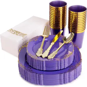Pqhp30 Household Products Purple Plates And Cups Napkins Sets 50 Party 75 Gold Cutlery