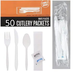 Houzzkingz Usa 606314820633 50 Plastic Cutlery Packets - Knife Fork Spoon Napkin Salt Pepper Sets White