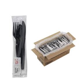 Houzzkingz Usa 850044138333 250 Plastic Cutlery Packets - Knife Fork Spoon Napkin Salt Pepper Sets Blac