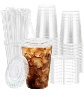 Huifany 445034790740 100 Pack 16 Oz Disposable Plastic Cups With Lids And Straws Clear Party Coffee