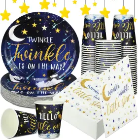 Hushee-plates-dun2326 Hushee 200 Pcs Twinkle Little Star Baby Shower Paper Plates Napkins Cups S