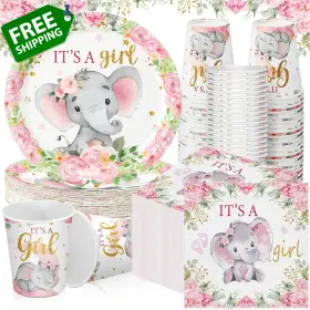 Hushee-plates-dun2327 Hushee 200 Pcs Pink Elephant Baby Shower Paper Plates Napkins Cups Its A Girl B