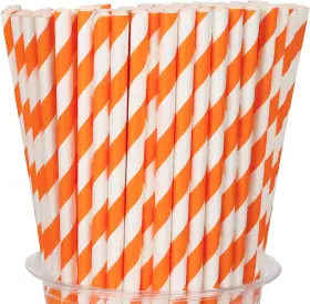 J-zzxg-org-100 Hxezoc 100 Packs Orange Biodegradable Striped Paper Straws 7.76 X 0.24 Inch