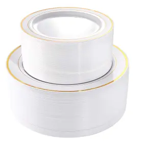 43551-107763 I00000 102 Pieces Gold Plastic Plates Disposable Party White Rim 51 Di