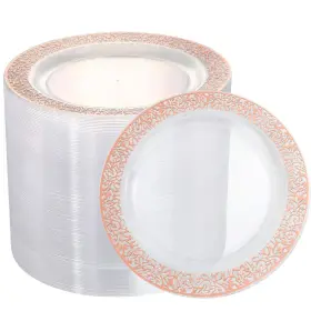 I00000 664111755961 102 Pieces Rose Gold Plastic Lunch Plates 9 Inch Clear Disposable Dinner