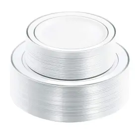 I00000 664111766189 102pcs Silver Plastic Plates Disposable Party With White