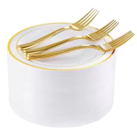 I00000 749789284880 72 Gold Dessert Plates And Plastic Forks 7.5 Inch