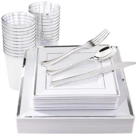 I00000 778601258600 150 Pieces Silver Square Plates And Disposable Silverware Plastic Cups Silve