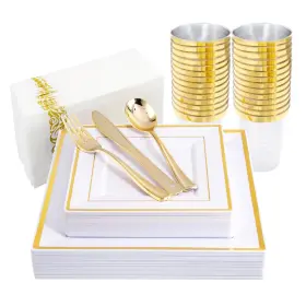I00000 778739917721 175pcs Gold Plastic Plates Square Napkins Cutlery