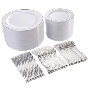 I00000 778836034215 300 Pieces Silver Plastic Plates With Disposable Silverwareplastic Dinnerware Se