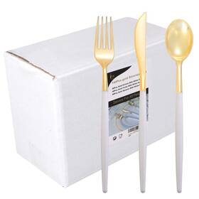 I00000 787794855107 144pcs Gold Plastic Silverware Utensils Set Disposable Utensils