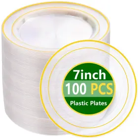 Et31 I00000 100pcs Clear Gold Dessert Plates Disposable With Rim 7 Inch