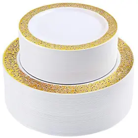 Ioed00wg-120-1 I00000 120pcs Gold Plastic Plates White And Disposable Rim