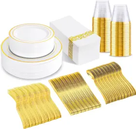 Ioet175wg I00000 175 Pcs Gold Dinnerware Set Plastic Plates Disposable For 25 Guests