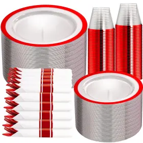 Ioet350cr I00000 350 Pcs Clear And Red Plastic Plates Disposable Dinnerware Set Include
