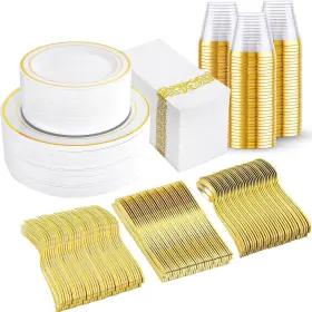 Ioet350wg I00000 350 Pcs Gold Dinnerware Set Plastic Plates Disposable For 50 Guests Include
