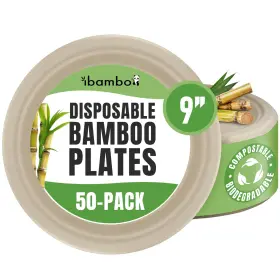Bk-9in50p Ibambo Paper Bamboo Plates Disposable 50-pack 9-inch Sturdy And Microwave Safe