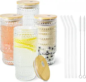 12hobnail Icesip 4 Pcs 11 Oz Drinking Glasses Cups Set With Bamboo Lids 11oz Hobnail