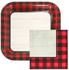 Iconikal 647929328435 100-piece Paper Dinner Party Pack Woodgrain Buffalo Plaid 40 Plates And 60
