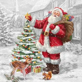 L1019600 Ideal Home Range Christmas Lunch Napkins 40 Count 3-ply Snowy Santas Xmas Tree Design Party