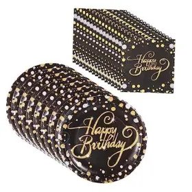 Ietosy-3 16pcs Gold Happy Birthday Plates And Napkins Black