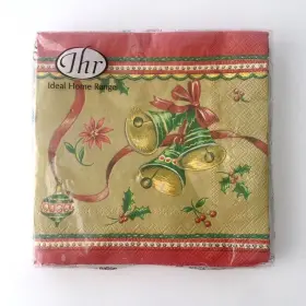 483409 Ihr Ideal Home Range 20 Paper Napkins Christmas Bells Gold Lunch Red Ribbon 3-ply Germany Nip