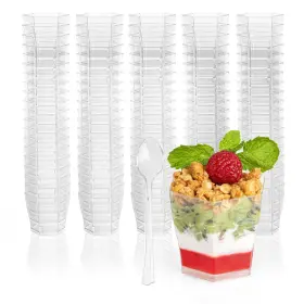 Ilyapa 840013429128 2oz Plastic Dessert Cups - 100 Pack Mini With Spoons Clear Reu