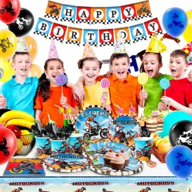 Inboxxarty 709347697873 Motorcycle Birthday Supplies Tableware Set-plates Napkins Cups Banner Balloon