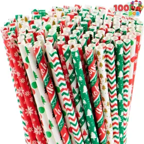 Inc. 726084947887 100 Pcs Christmas Disposable Stripe Paper Straws Bulk In 8 Multi-patterns For Xm