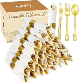 Fkn50 Inc 200 Pcs Gold Plastic Cutlery Set - 50 Forks Knives Spoons Napkins