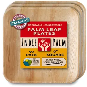 Indie Palm 860010553008 6inch Disposable Leaf Plates 50pack Square Ecofriendly Party Compost